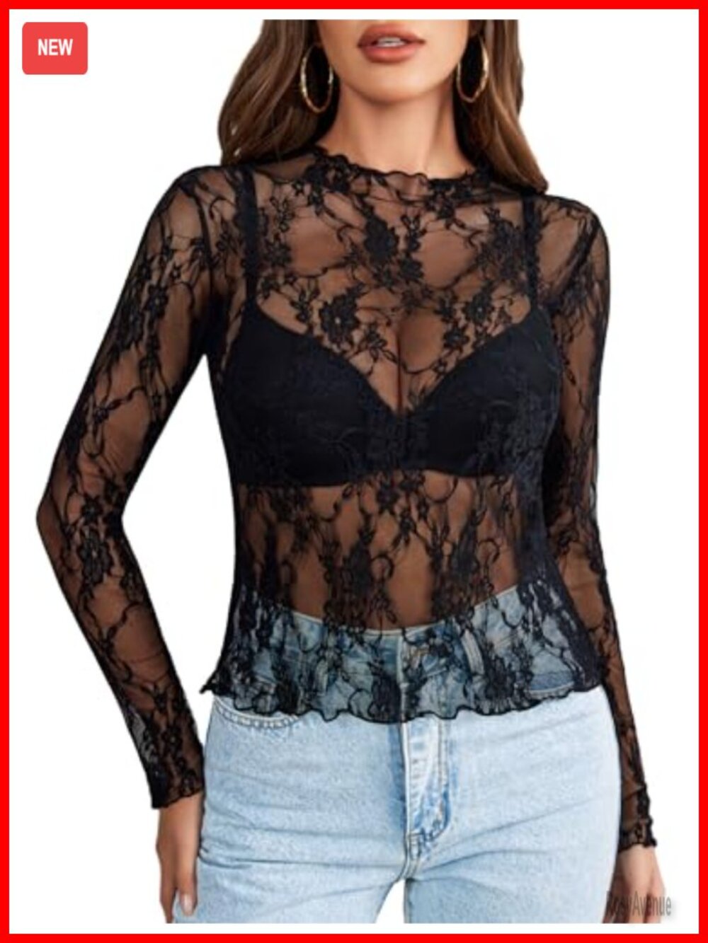 Women's Sheer Mesh Long Sleeve Mock Neck Blouse with Floral Lace Detail
